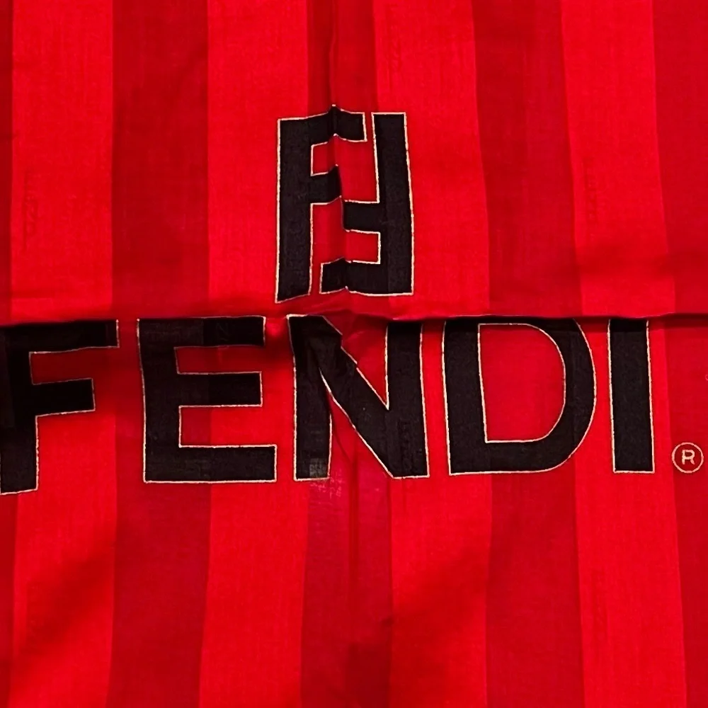 Vintage Fendi Red Silk Scarf – Chain & FF Logo Patch Print, 1980s-1990 EUC Italy
